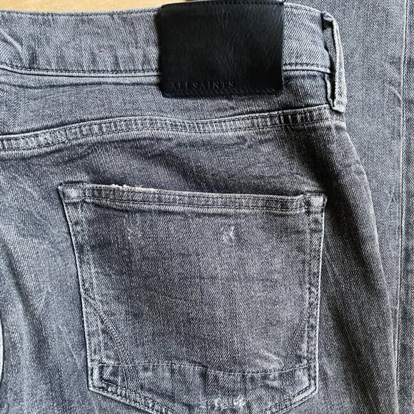 All Saints mens jeans "Cigarette" sz 33 gray wash button fly distressed - Picture 6 of 7